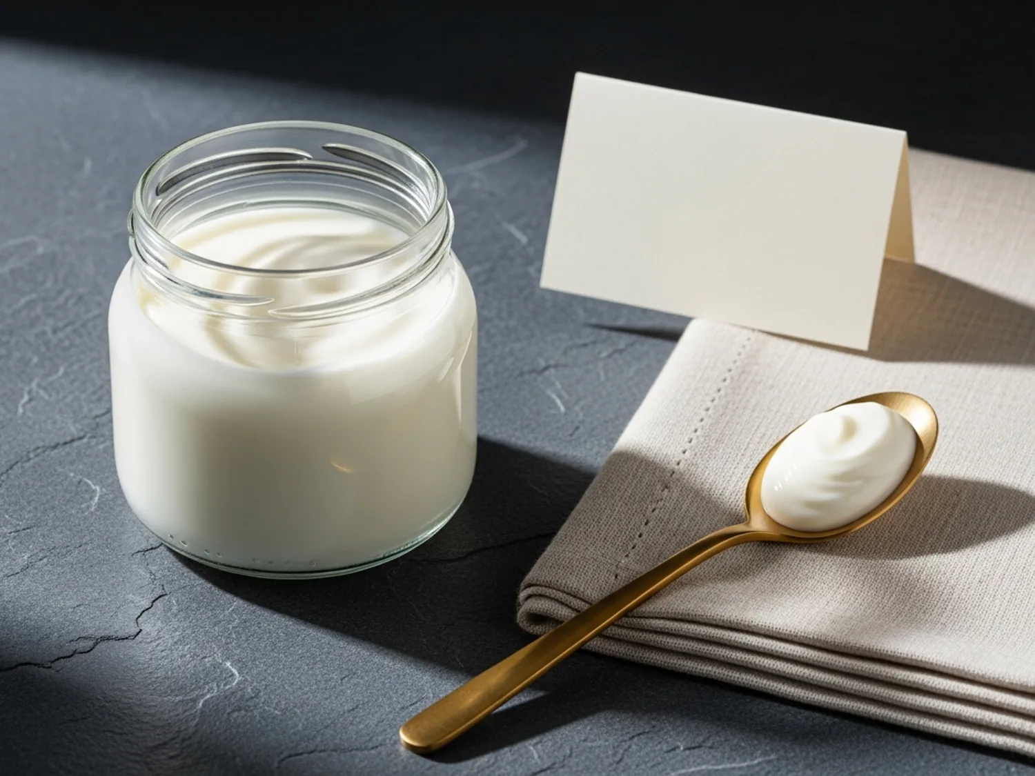 An open jar of plain Mother Culture probiotic yogurt with a brushed-gold spoon on a slate counter
